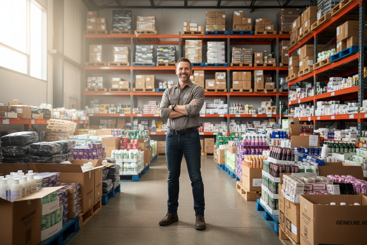 Man standing in a warehouse with shelves stocked with boxes and products