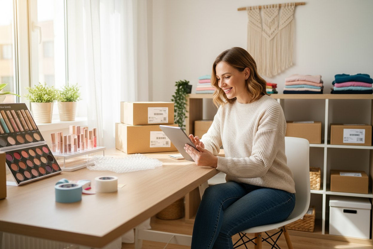 Woman sitting at a desk in a home office, using a tablet with boxes and stationery items around her.
