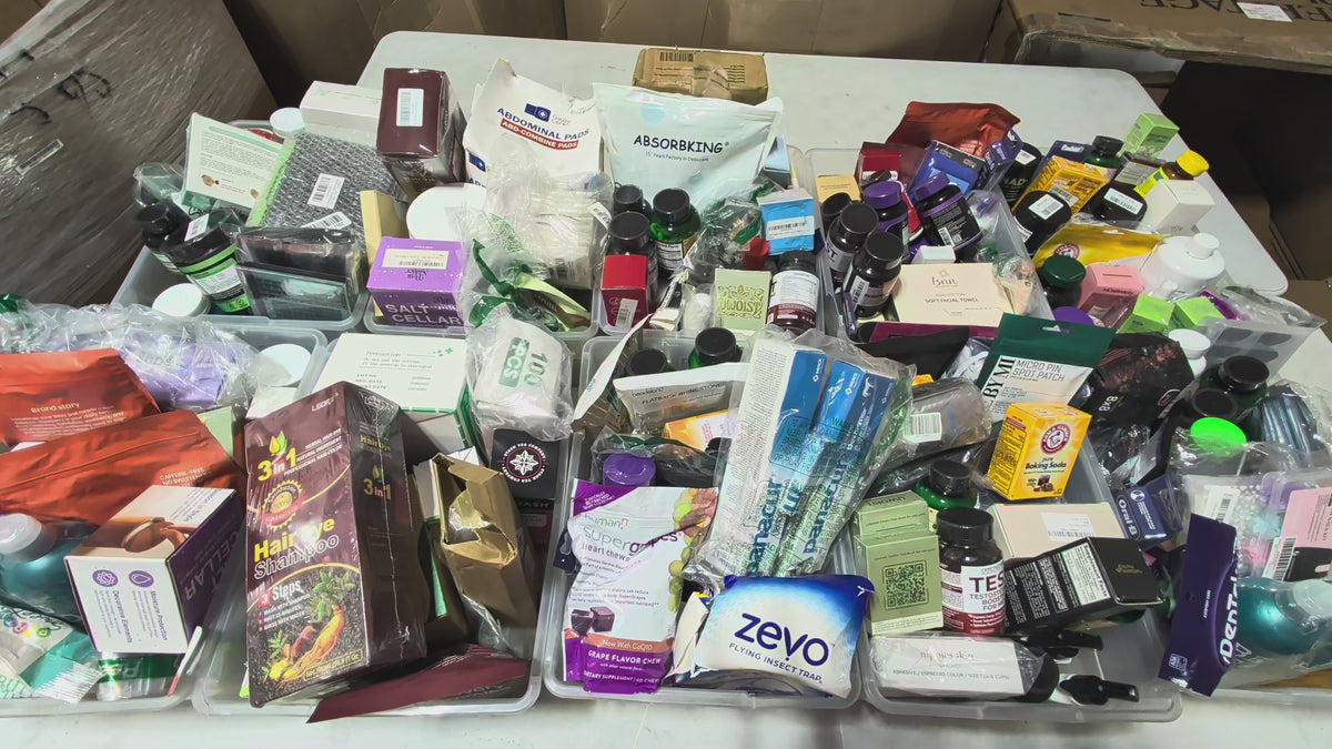Load video: Amazon Raw HBA &amp; Personal Care Liquidation Pallet (1300 Units)